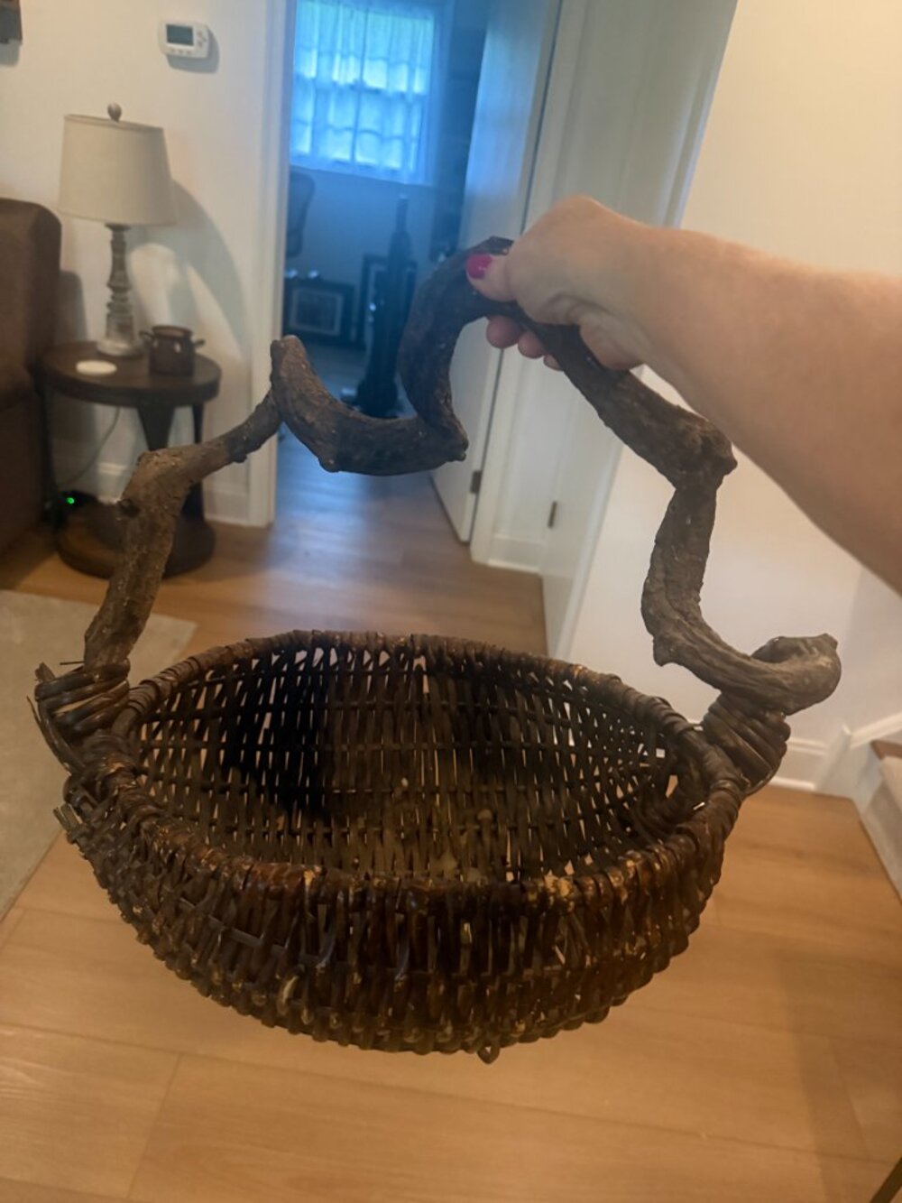 Vintage Boho Rustic Harvesting Gathering Basket Twisted Vine Handle Woven Wicker - Picture 2 of 8